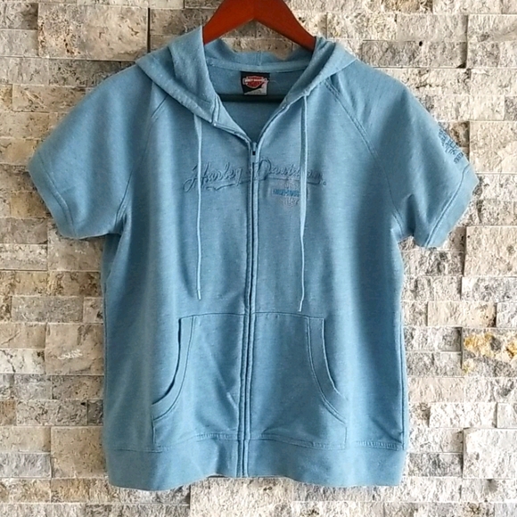 Harley Davidson Blue Short Sleeve Zip Up Hoodie